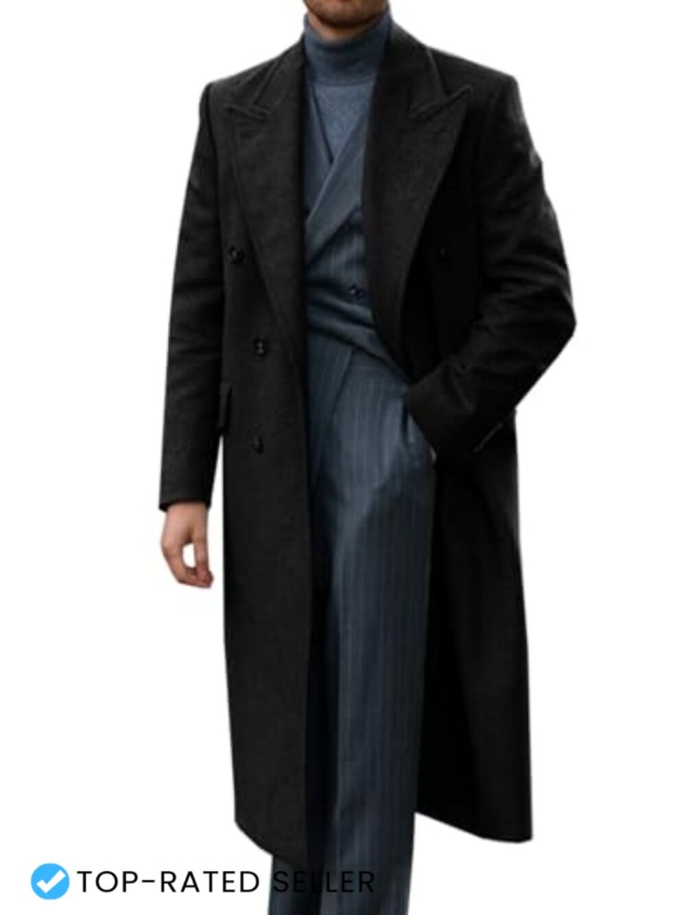 Wool Blend Notched Collar Long Trench Coat Double Breasted Winter Overcoat